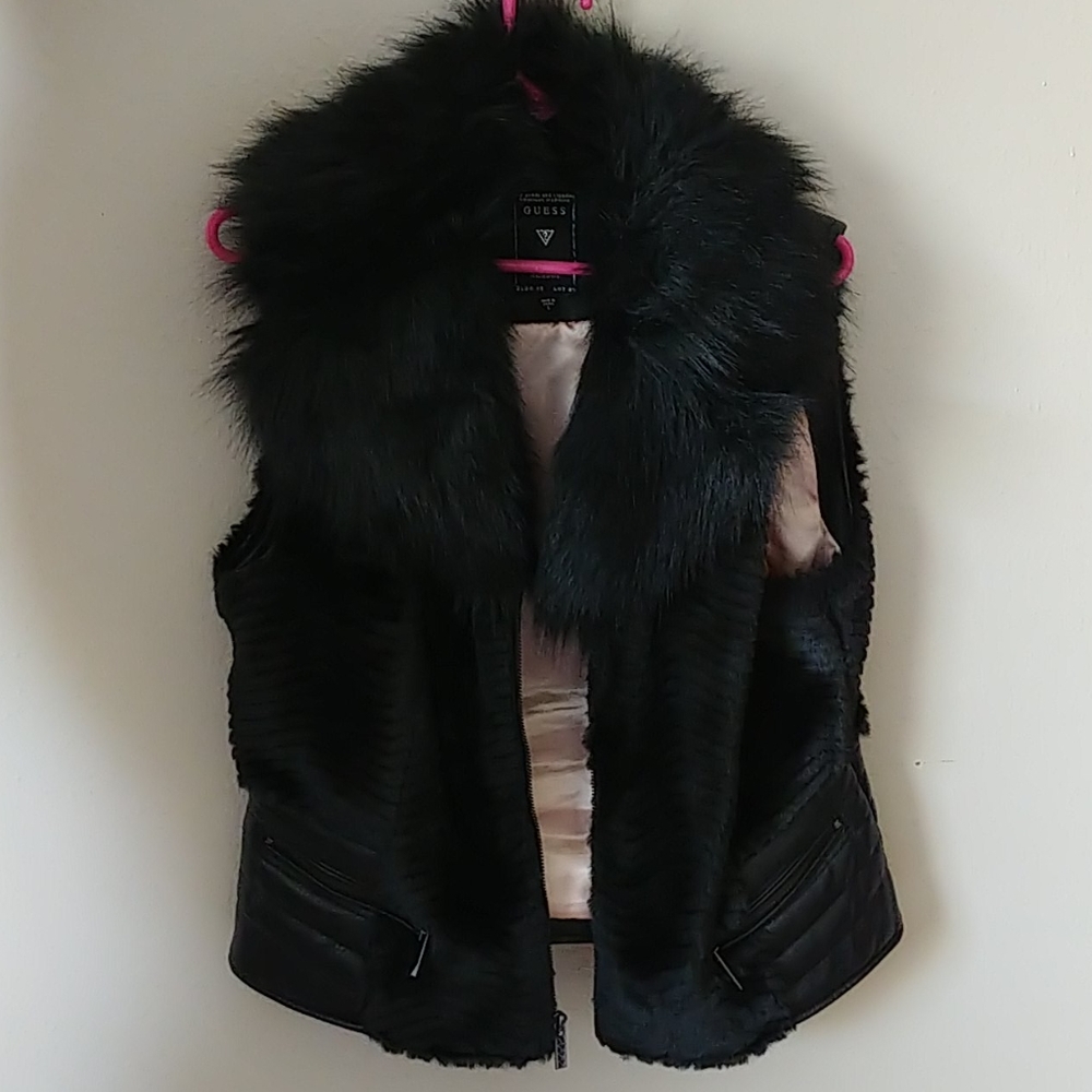 Black faux fur and leather vest